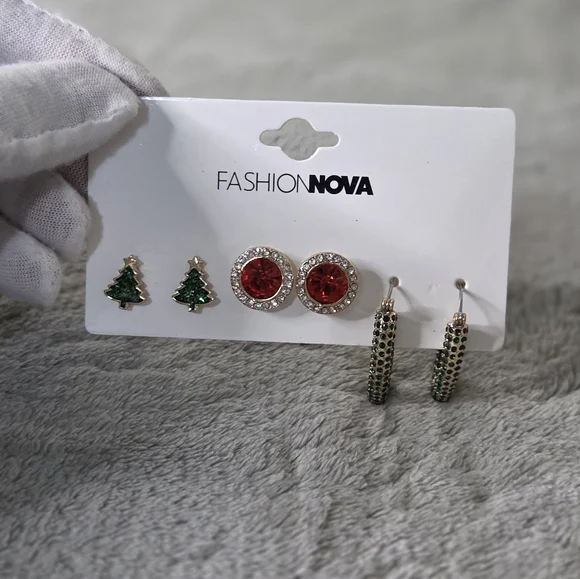 * Fashion Nova Women's Merry And Bright 3 Pack Earrings Set - Green/Red - Picture 3 of 8
